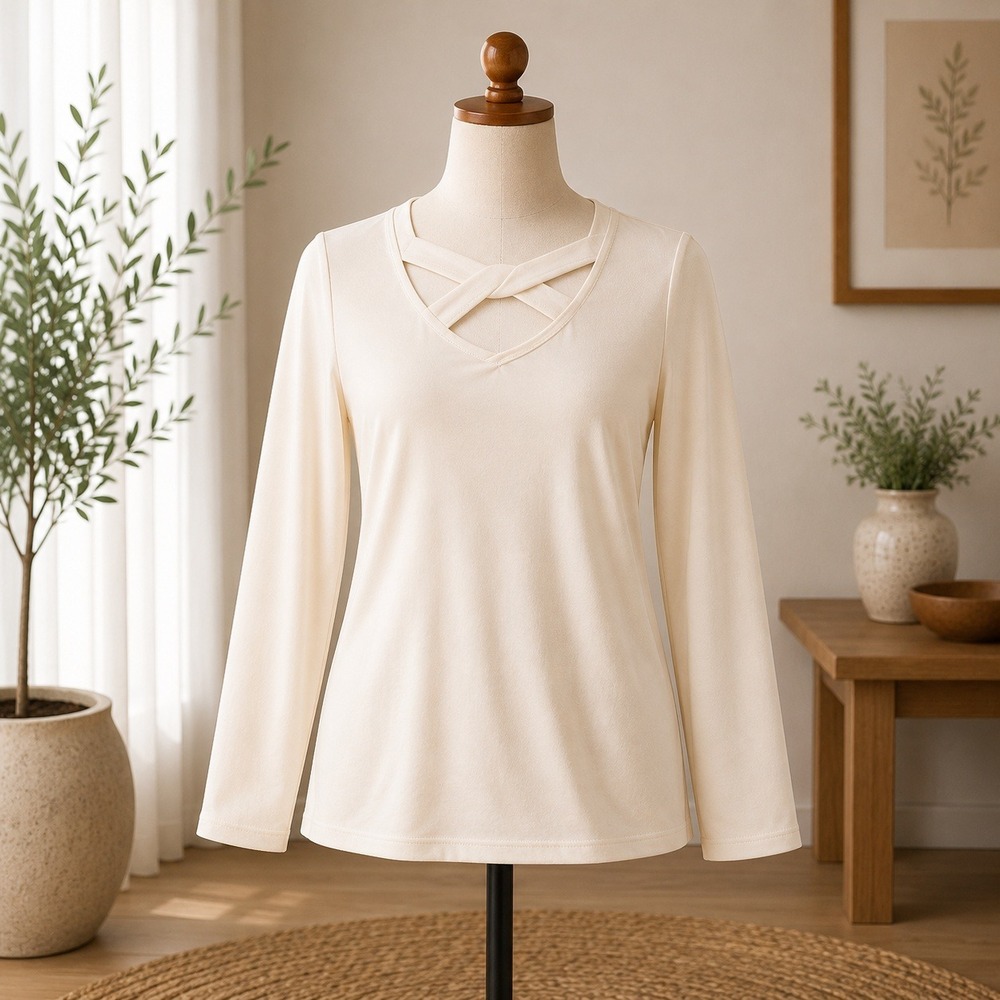 Attitudes by Renee Top Womens Small Cream Criss Cross Cutout Long Sleeve 2356